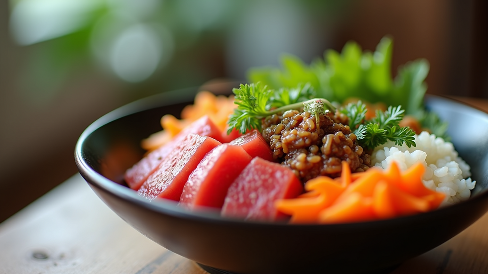 Eye-level view of a colorful poke bowl with fresh ingredients