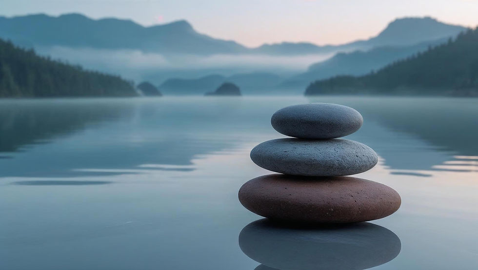 Stack of smooth stones on a calm lake, with misty mountains in the background at dawn. Serene and tranquil atmosphere. Solacium Therapy