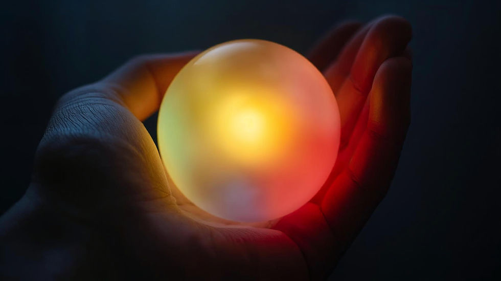 Hand holding a glowing orb with yellow and red hues in a dark setting, creating a warm, mysterious atmosphere. Solacium Therapy.