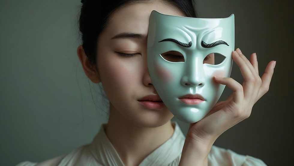 A person holds a pale green mask beside their face, eyes closed in a serene pose. The background is a muted gray-green. Solacium Therapy