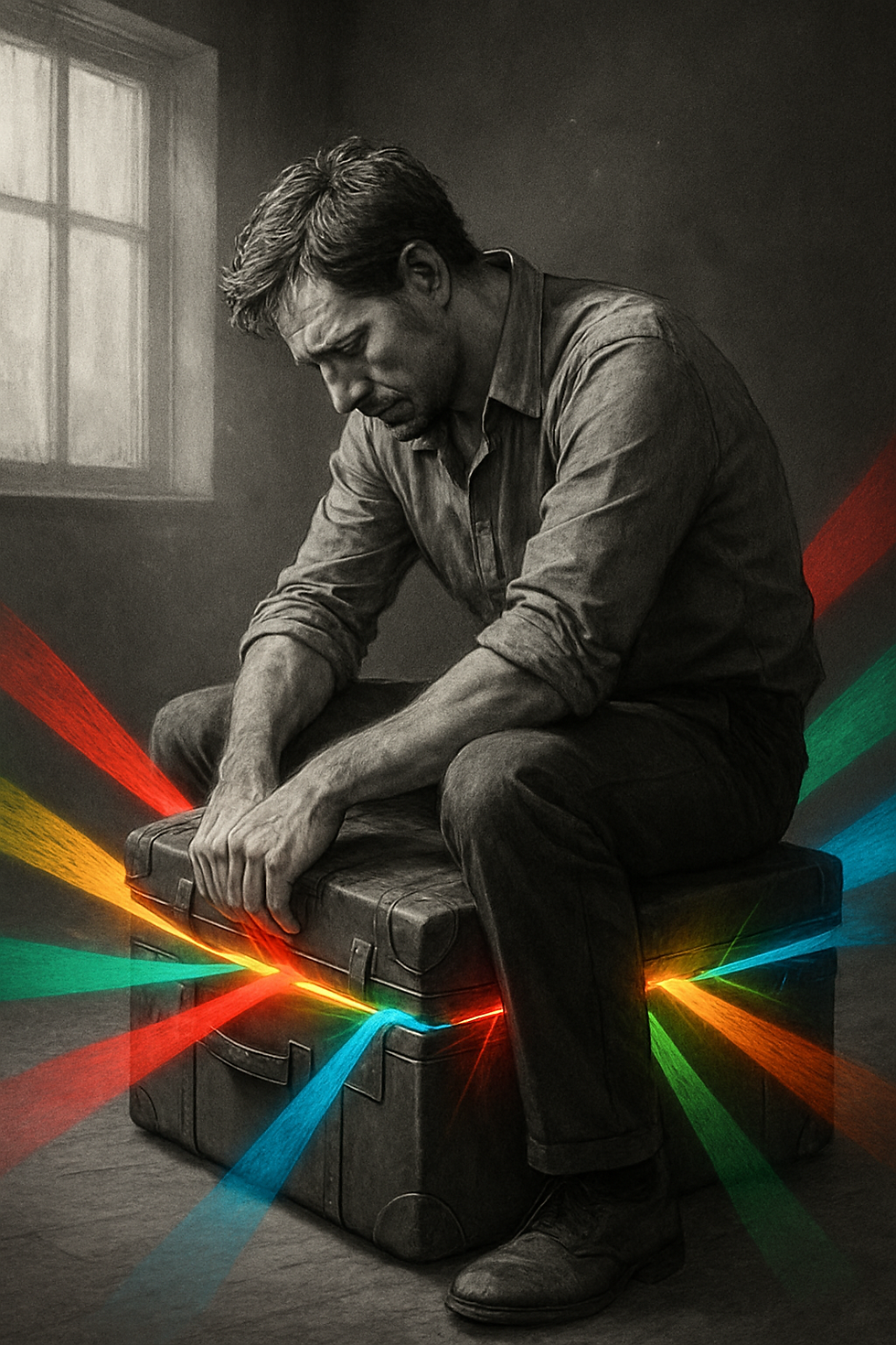 Man sitting on a chest with colorful beams of light emerging. Gray room, window in the background. Pensive mood. Solacium Therapy.