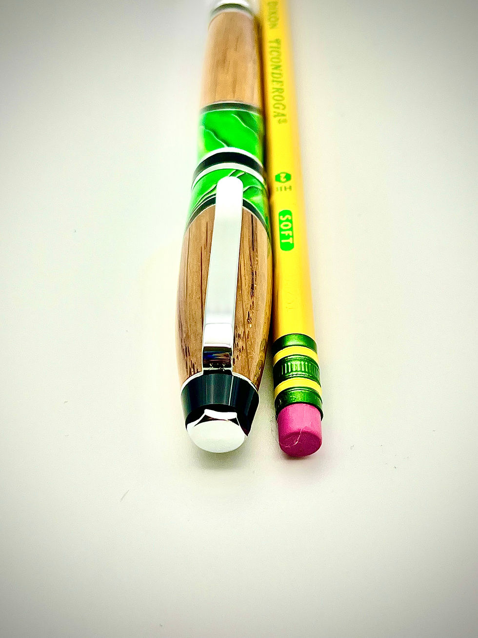Thumbnail: Handmade Cigar Ballpoint Wine Barrel Wood Green Acrylic Chrome Finish Size Comparison