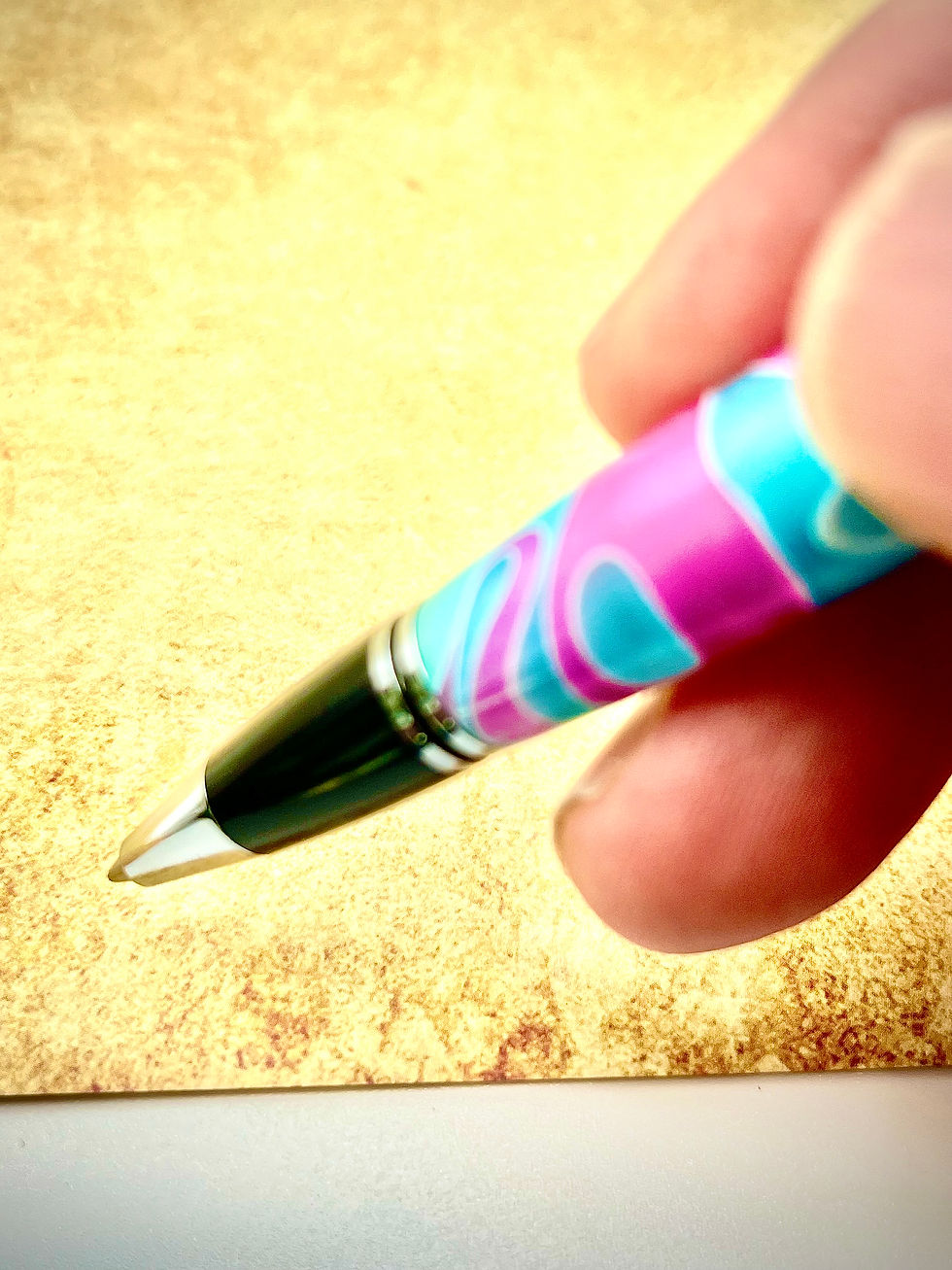 Thumbnail: Handmade Classic Twist Style Ballpoint Pen in Chrome Finish trimmed with Pink and blue acrylic Tip