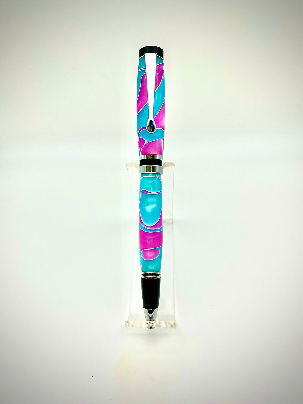 Thumbnail: Handmade Classic Twist Style Ballpoint Pen in Chrome Finish trimmed with Pink and blue acrylic Full View