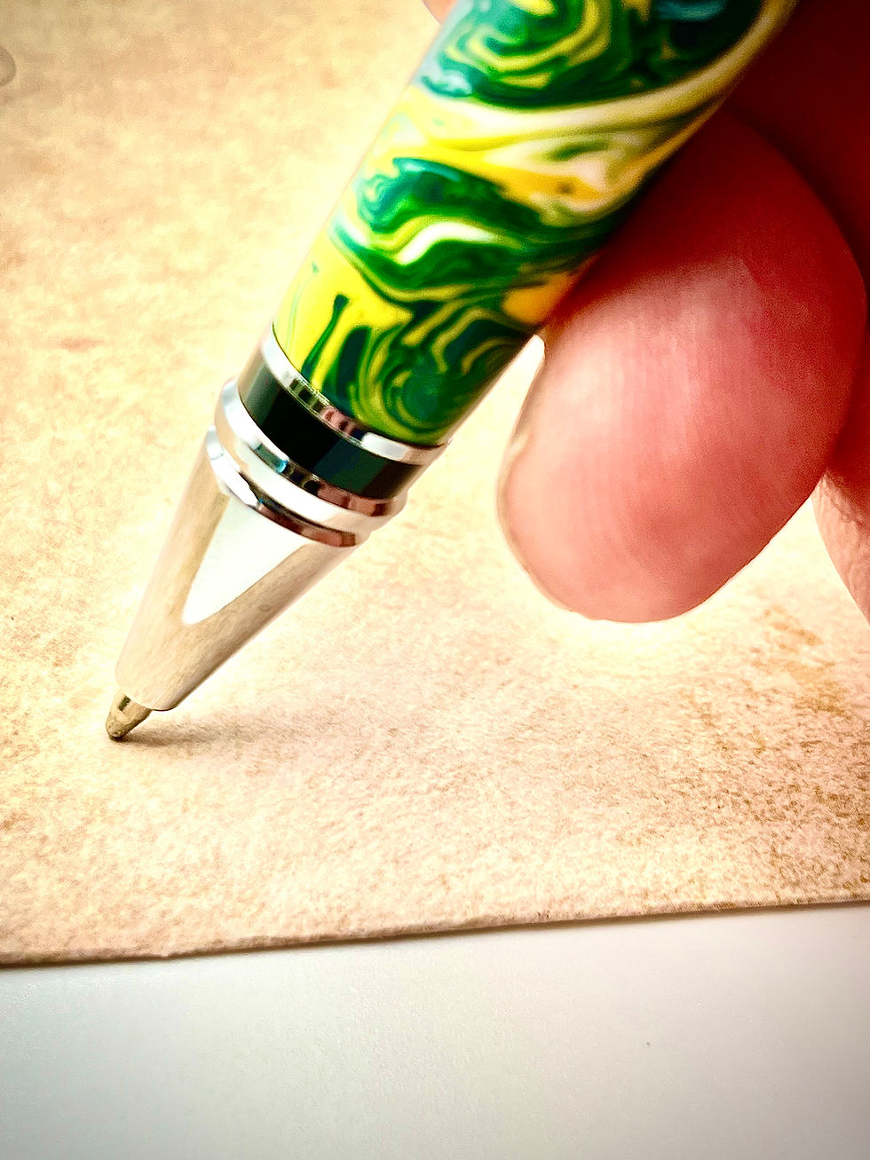 Thumbnail: Handmade Cigar Style Ballpoint Pen in Chrome Finish trimmed with Packer Color Acrylic Tip