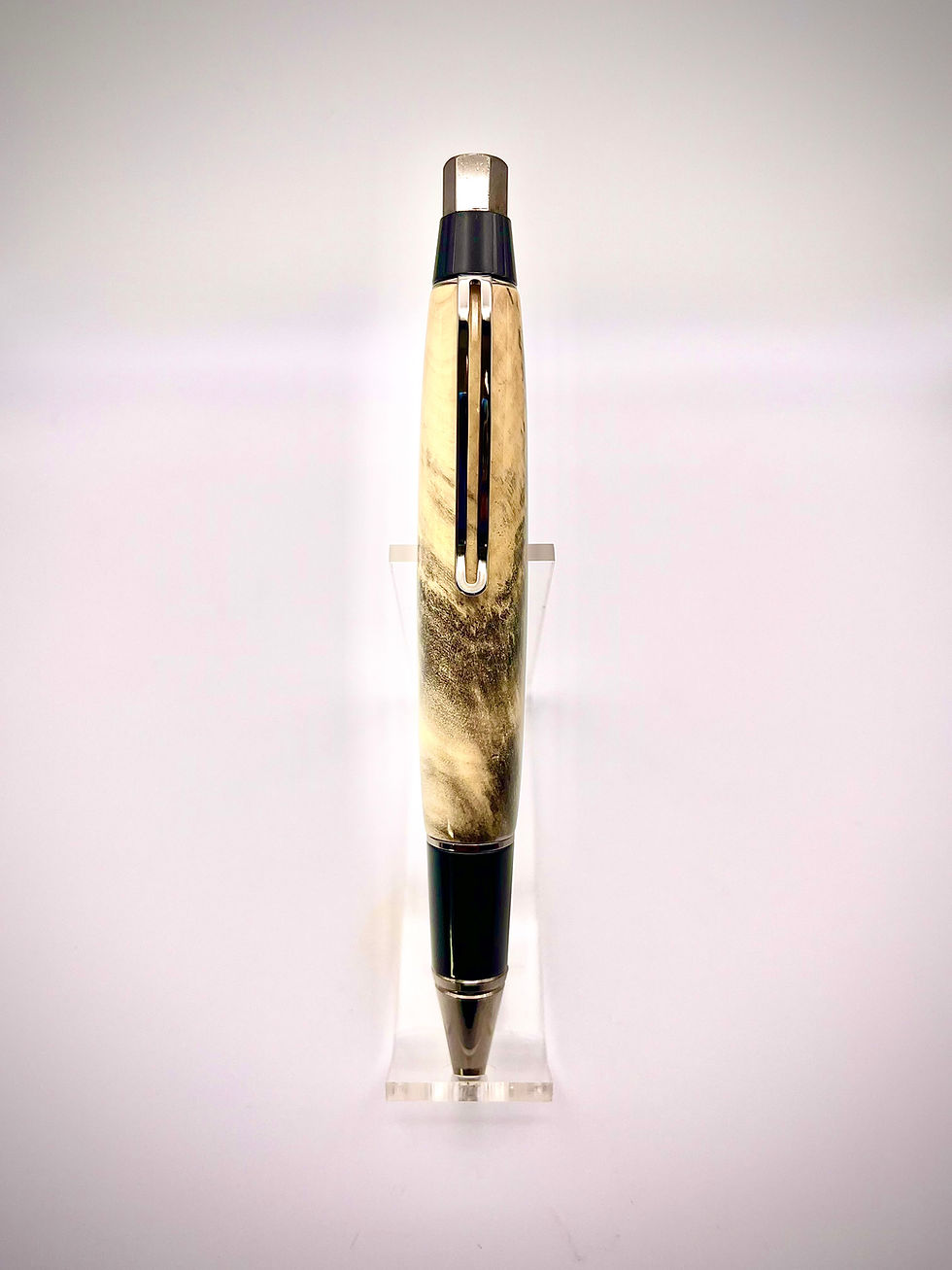 Thumbnail: Handmade Big Ben Style Click Ballpoint Pen Gun Metal Finish with Maple Burl Wood Full View
