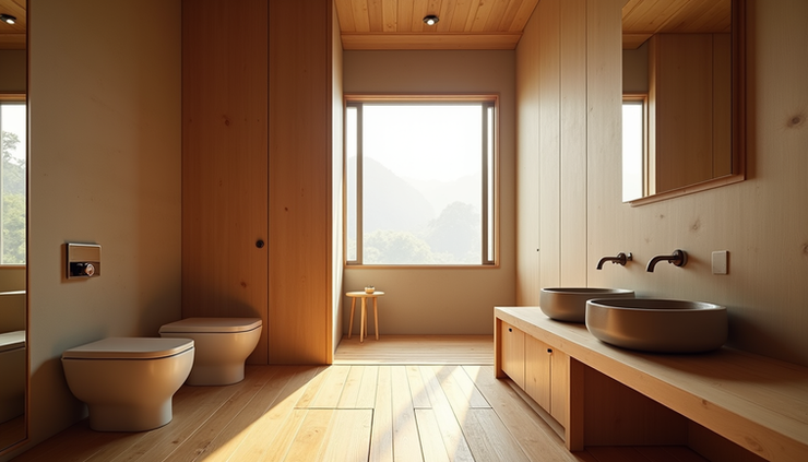 Eye-level view of a traditional Japanese bathroom with wooden elements and a clean, minimalist design