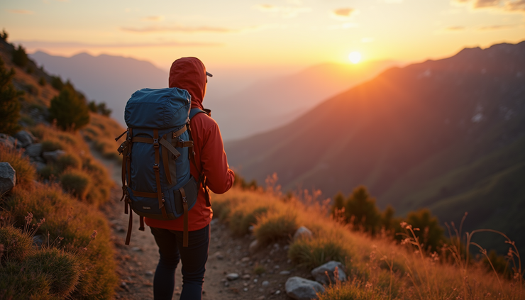 Eye-level view of a backpack resting on a mountain trail with a sunrise in the background