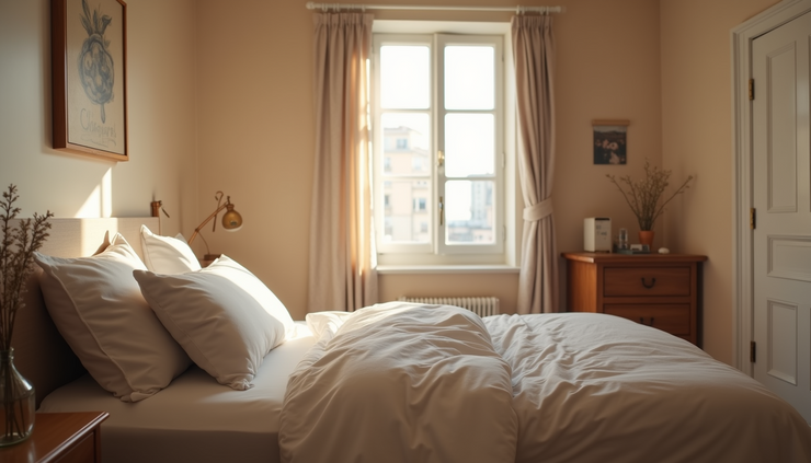 Eye-level view of a cozy bedroom with soft lighting and a neatly made bed
