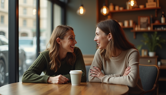 Eye-level view of a cozy coffee shop table with two people chatting and laughing