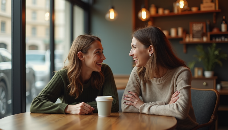 Eye-level view of a cozy coffee shop table with two people chatting and laughing