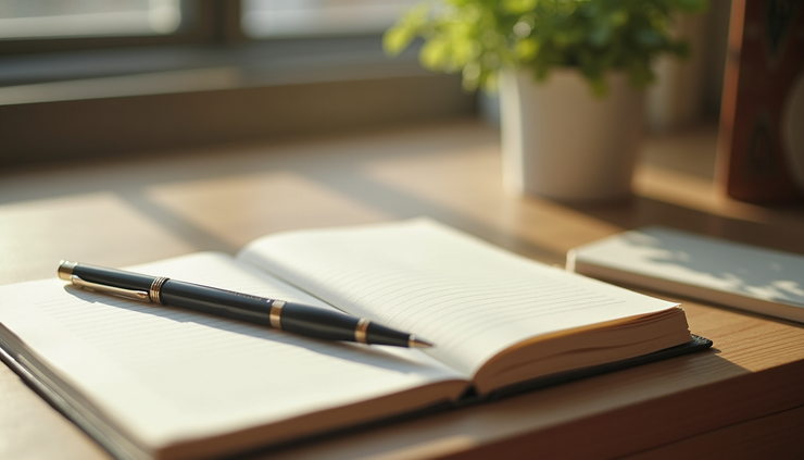 Close-up view of a journal and pen on a wooden desk with soft natural light