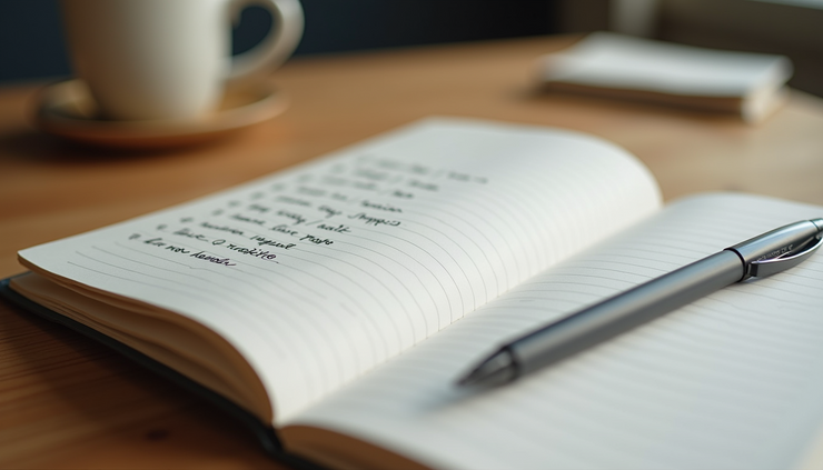 Close-up of a notebook with a gratitude list and a pen on a wooden table