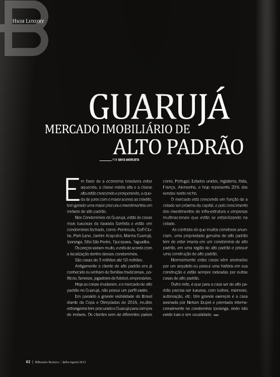 David Andreatta escreve a coluna da Revista Billionaire Business