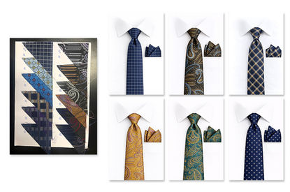AI-generated product images created from a client’s original photo, transformed into a coordinated line of men’s neckties and pocket squares. 