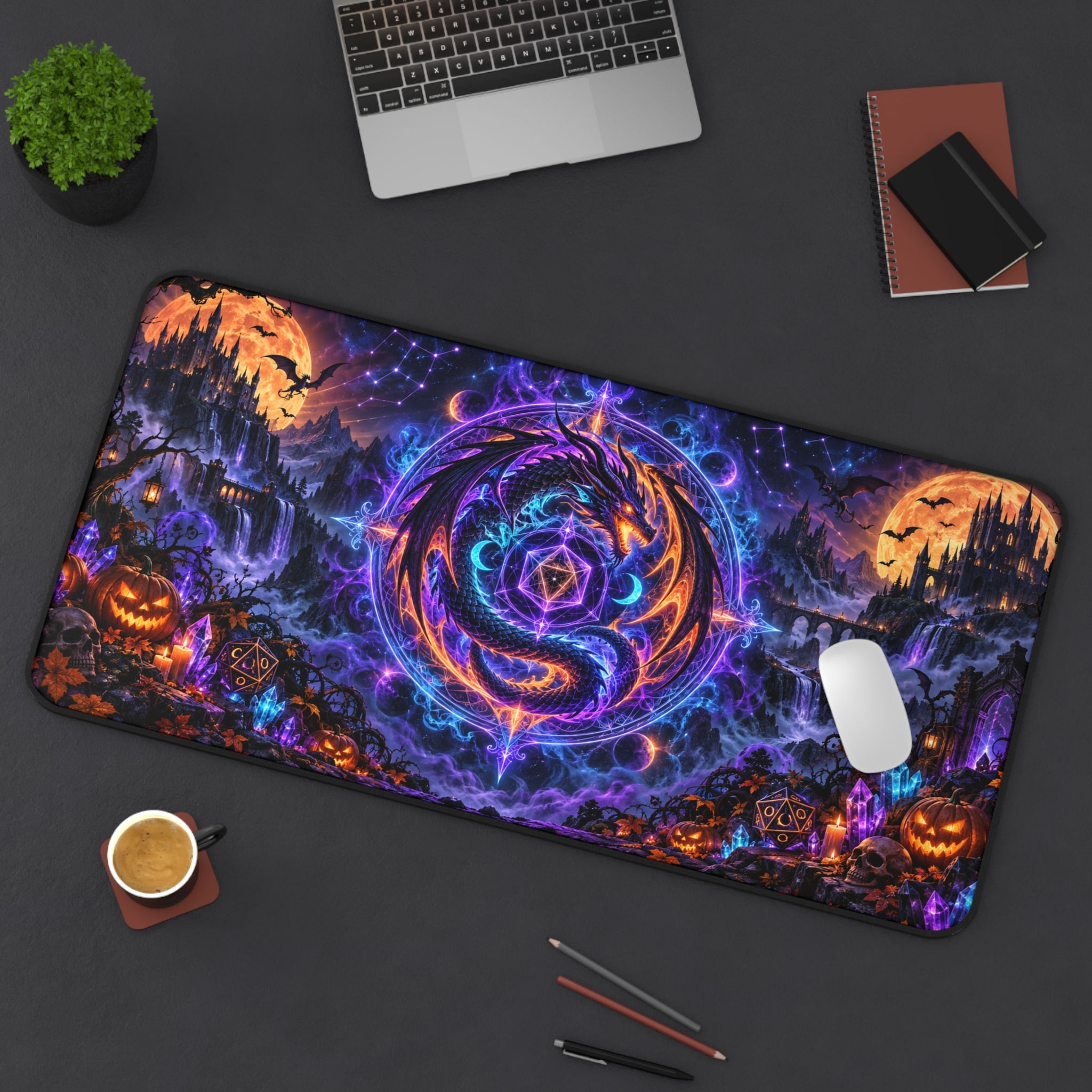 Halloween Mystic Desk Mat — Neon Dragon & Pumpkin Gaming Mouse Pad