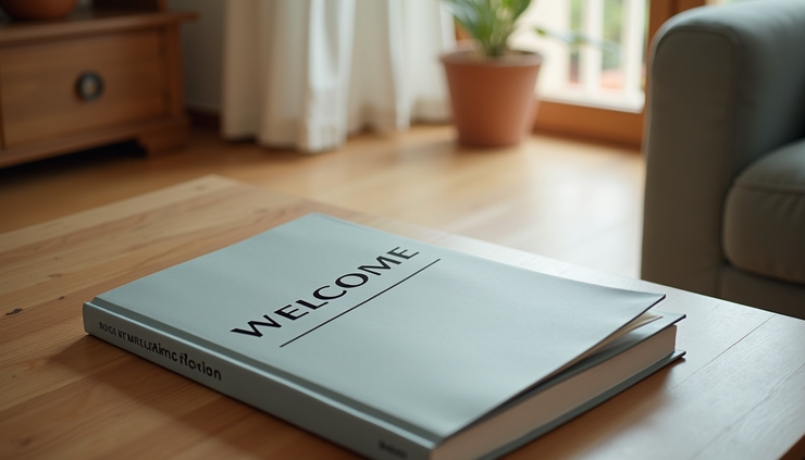 High angle view of a welcome folder and local guidebook on a holiday rental coffee table