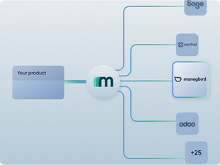 Moneybird API integration overview showing filtering, pagination, OAuth flow, and unified data model structure for scalable accounting integrations
