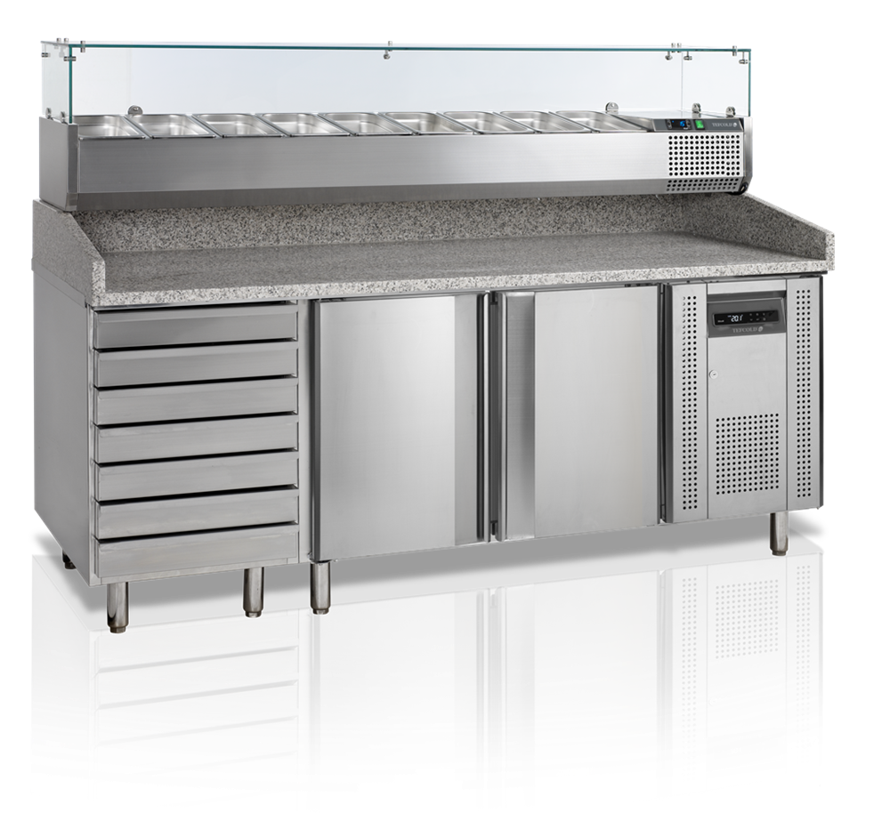 Masa Rece din Inox , preparare pizza cu 2 usi, 7 sertare si 9 cuve, 205x70x110cm