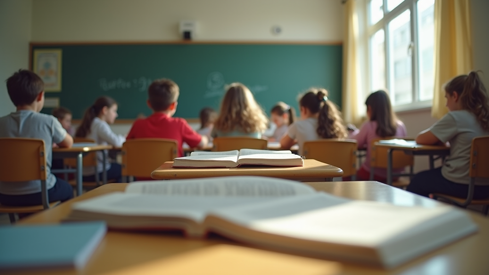 Eye-level view of a classroom with students engaged in reading activities