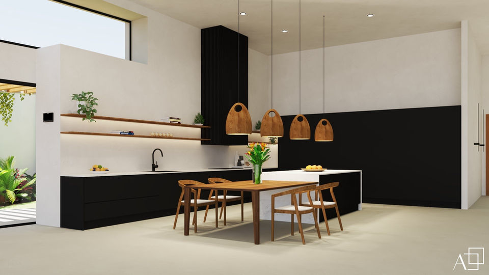 Diseño de cocina abierta en casa en Barcelona, con mobiliario de color gris antracita y porcelánico blanco con vetas grises. Cocina de gran tamaño en forma de L con isla central que incluye una mesa para comidas rápidas y una despensa oculta. Proyecto de diseño realizado por ABACUBE Interiorismo & Decoración.