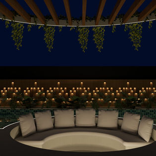 Zona Lounge Nocturna en Piscina Balinesa con Integración de Terraza en Barcelona