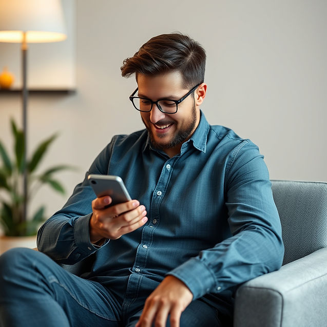 show me a man who is sitting down that is invested and interactive with his phone screen b