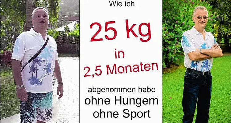 Vorher-Nachher-Bild: Mann vor und nach Gewichtsverlust; Text im Bild: „25 kg in 2,5 Monaten – ohne Hunger, ohne Sport“ (Erfahrungswert)