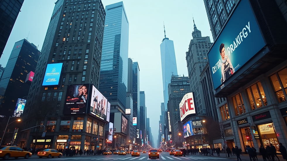 Eye-level view of a modern urban skyline with digital billboards