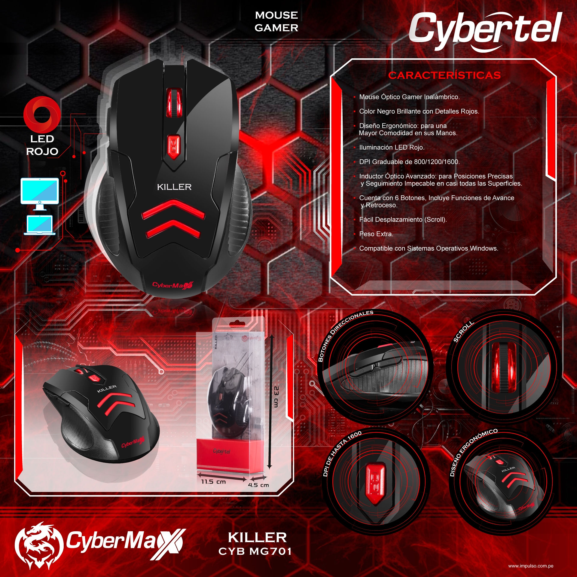 MOUSE/KILLER GAMER WIRELESS 6 BOTONES LED - 1600 DPI/CYBERTEL