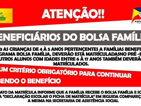 Para manutenção do benefício social, crianças de 4 a 5 anos, devem estar matriculadas na escola