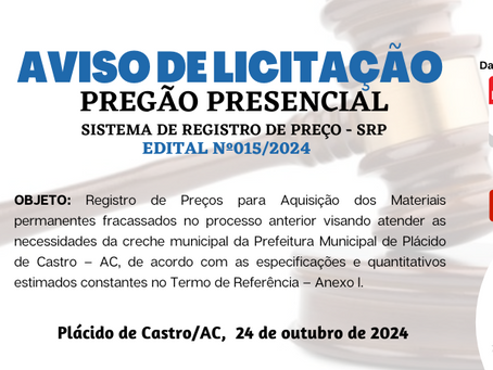 PP SRP N°015/2024 - AVISO DE LICITAÇÃO