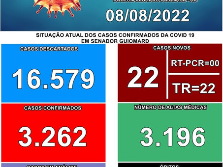 Boletim Covid-19, atualizado em 08 de agosto de 2022