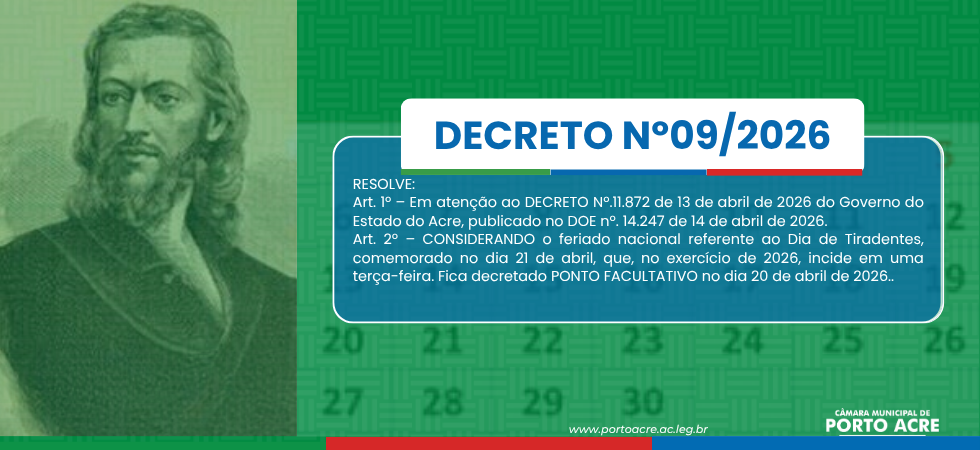 Decreta ponto facultativo no dia 20 de abril de 2026 em virtude do feriado nacional de Tiradentes