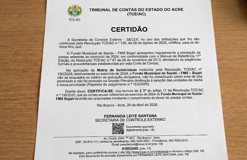 Fundo Municipal de Saude de Bujari tem as contas do exericio de 2024 aprovadas pelo TCE/AC  e processo é arquivado sem a necessidade de plenário