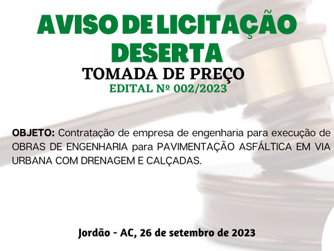 Licitação: TP N°002/2023 - Aviso de Licitação Deserta