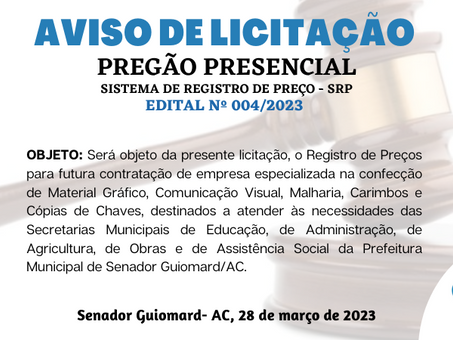 Licitação: PP SRP N°004/2023 - Aviso Licitação