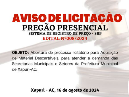 Licitação: PP SRP Nº008/2024 - Aviso de Licitação