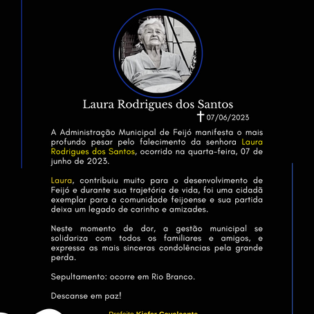 Nota de pesar: Falecimento da senhora Laura Rodrigues dos Santos