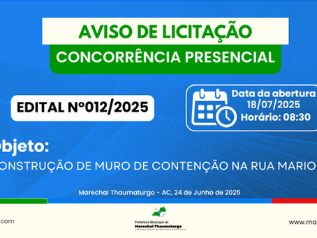 Concorrência Presencial N°012/2025 - Aviso de Licitação