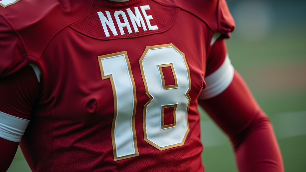 Close-up view of a customized football jersey with name and number