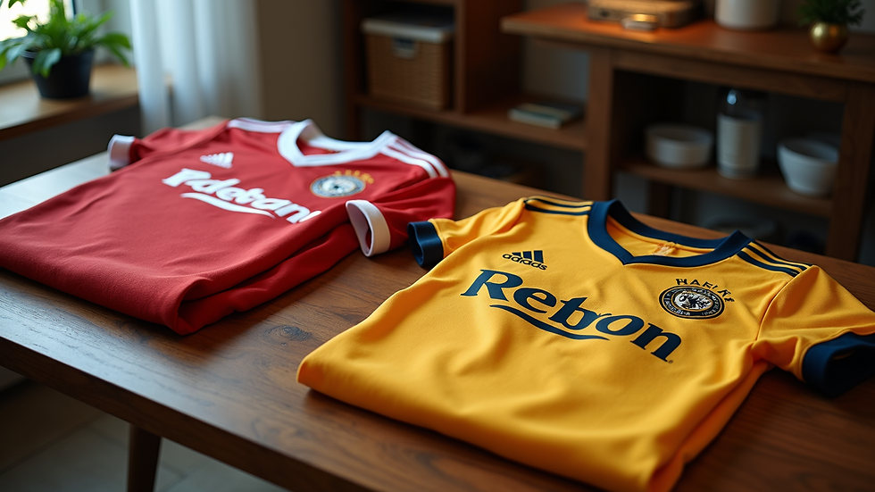 High angle view of football jerseys displayed on a wooden table