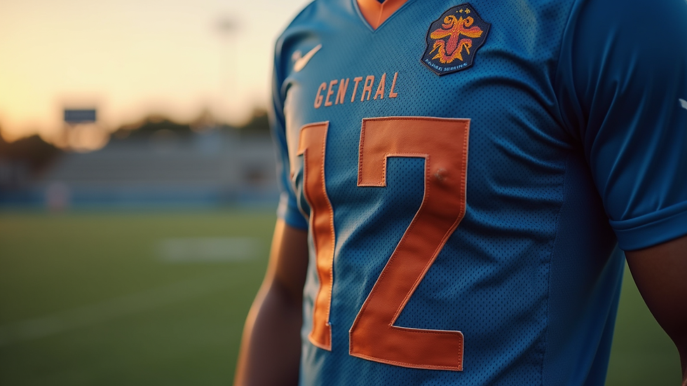 Close-up view of a football jersey with a customized name and number