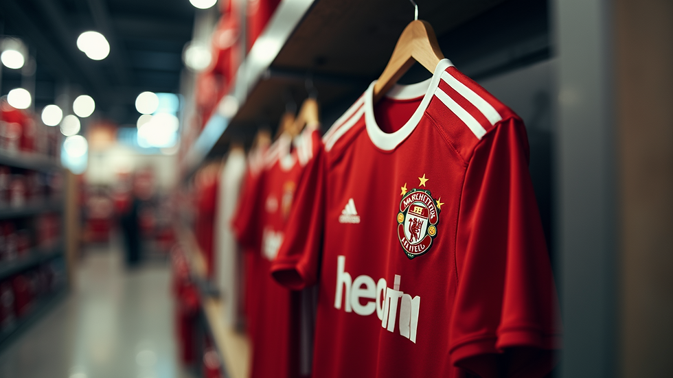 Eye-level view of a football jersey displayed on a hanger in a store