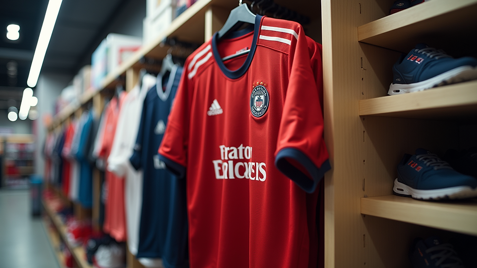 Eye-level view of a football jersey hanging on a rack in a store