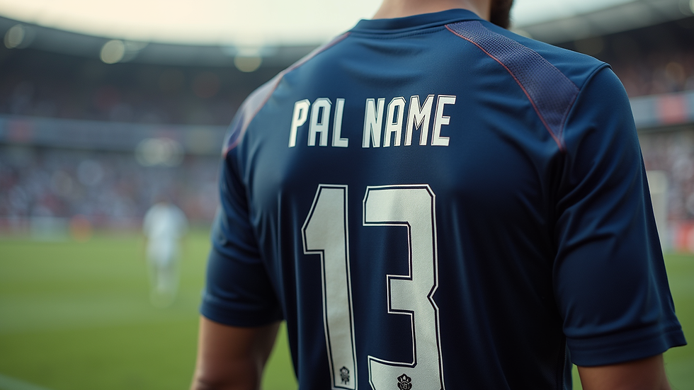 Close-up view of a football jersey with a printed player name and number