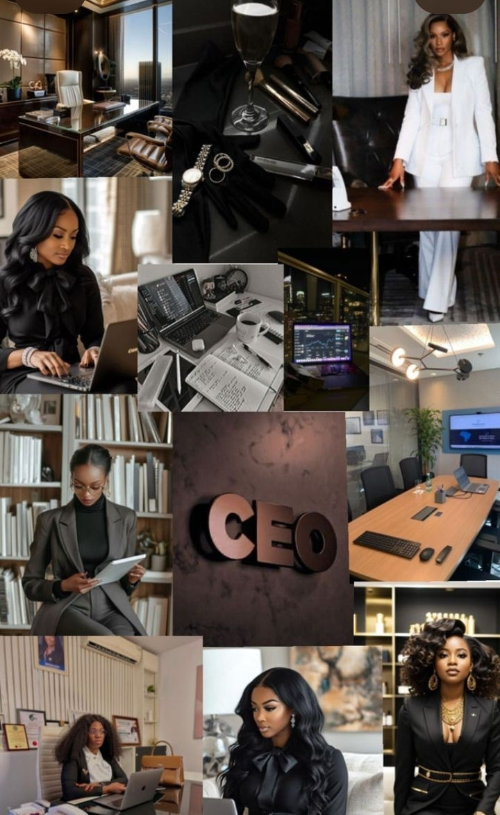 Collage of business scenes: women in suits working on laptops, stylish office decor, elegant accessories, and the word "CEO" on a wall.