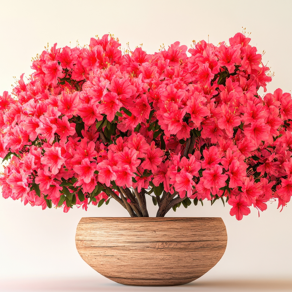 Vibrant pink azalea flowers bloom in a wooden bowl against a plain background, creating a vivid and lively display.