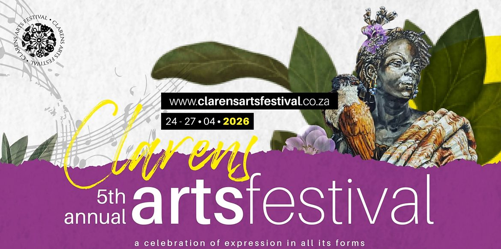Bust of a woman with colorful bird, set against leaves and music notes. "Clarens 5th annual arts festival" text with website and dates.