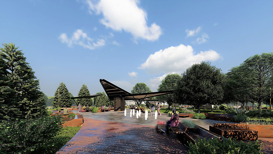 Widok na park z rzeźbą w kształcie skrzydła samolotu i drzewami.